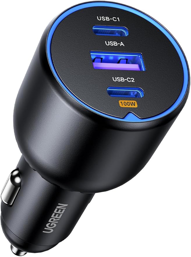UGREEN 130W USB Type-C Car Charger – شاحن سيارة USB-C بقوة 130 واط | Super Fast 3-Port Car Power Adapter with 100W USB-C Cable for Laptop & Phone Fast Charging UGREEN