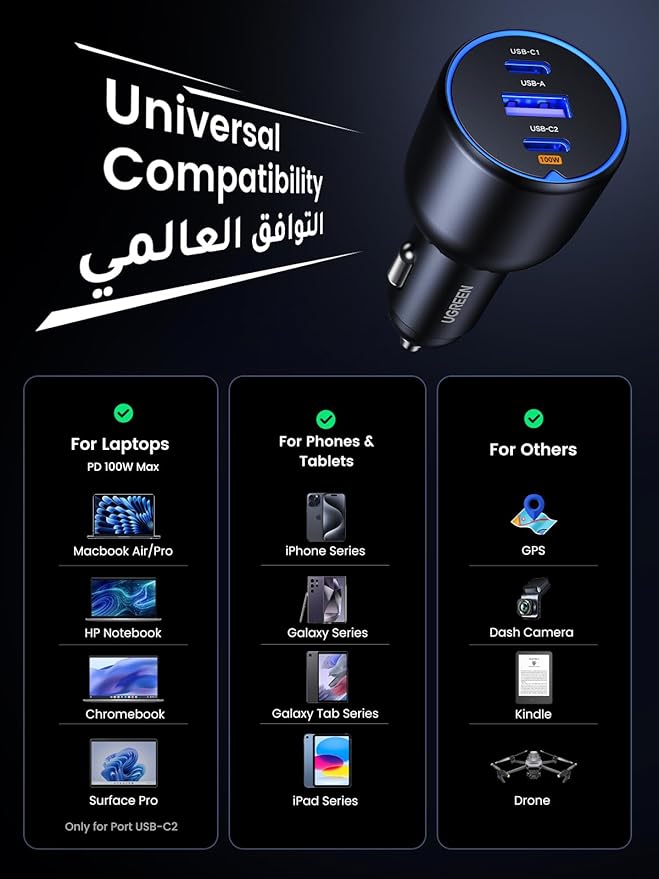 UGREEN 130W USB Type-C Car Charger – شاحن سيارة USB-C بقوة 130 واط | Super Fast 3-Port Car Power Adapter with 100W USB-C Cable for Laptop & Phone Fast Charging UGREEN